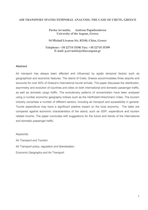 Arvanitis, P. and Papatheodorou, A. (2008) Air Transport Spatio Temporal Analysis: The Case of Crete, Greece. 12th Annual Conference of the Air Transport Research Society, Athens